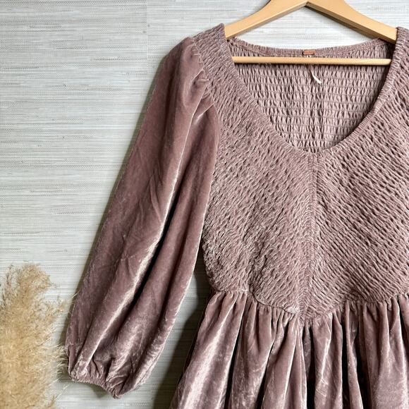 Free People mini dress velvet smocked pleated boho cocktail party Small - Picture 4 of 9